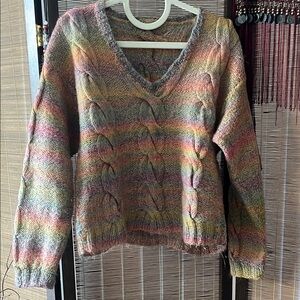 Multicolor Cable Hand Knit V-Neck Sweater
